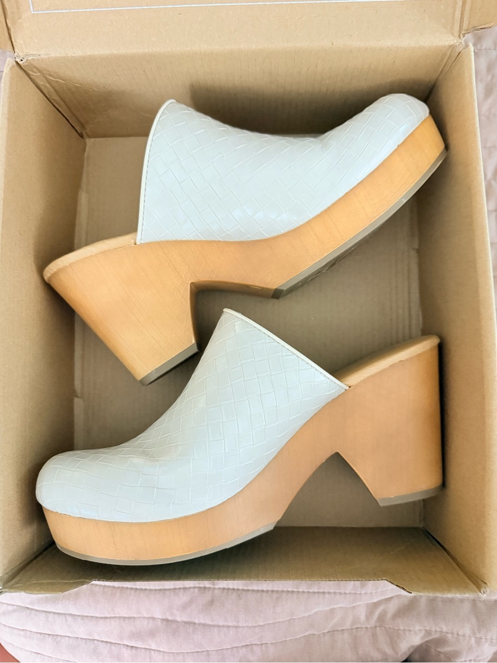 Journee Collection Off White Woven Leather Platform Clog Mules